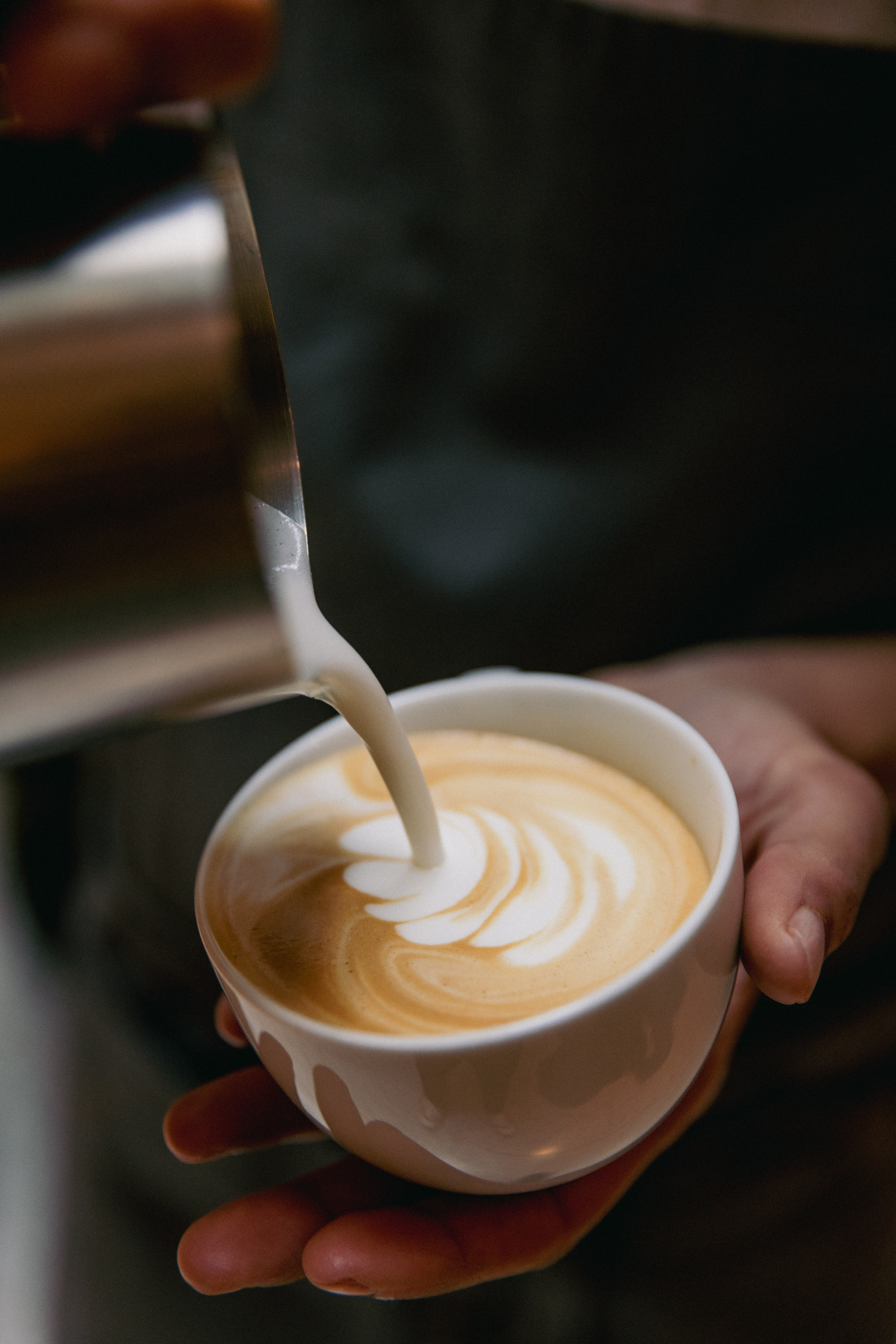 Steaming latte being poured into a white cup with intricate foam art at Celia in Amsterdam.